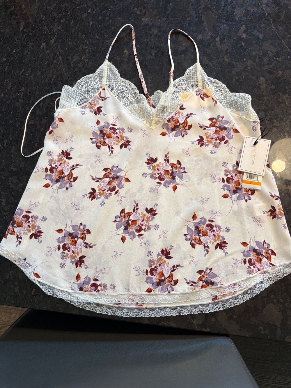 1. State Floral Lace-Trim Cami - Ivory with Purple and Burgundy Floral